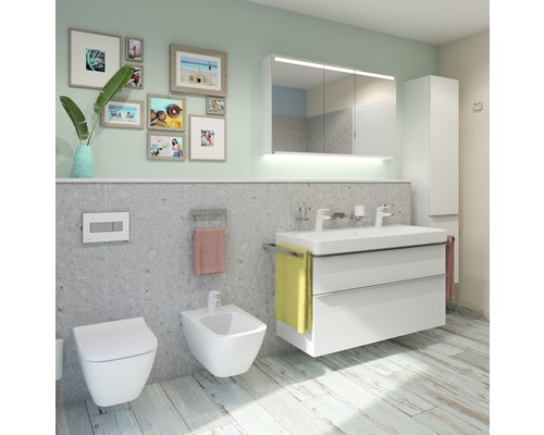 Moderne badkamer met toilet, bidet, wastafelonderkast en spiegelkast