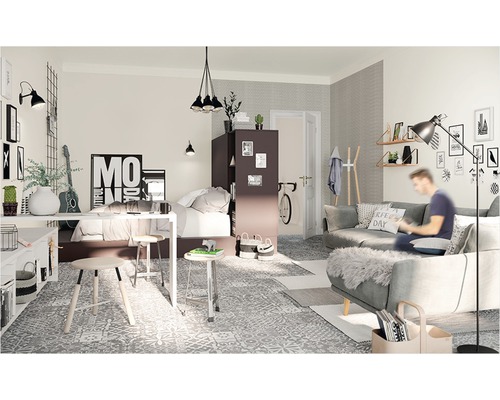 Decoratieve woonkamer met bureau, bed, bank en diverse accessoires