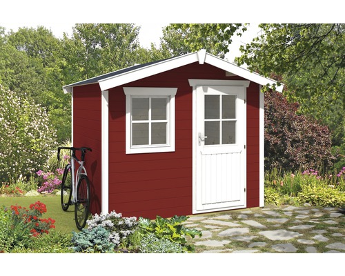 Houten tuinhuis met raam en deur in de tuin