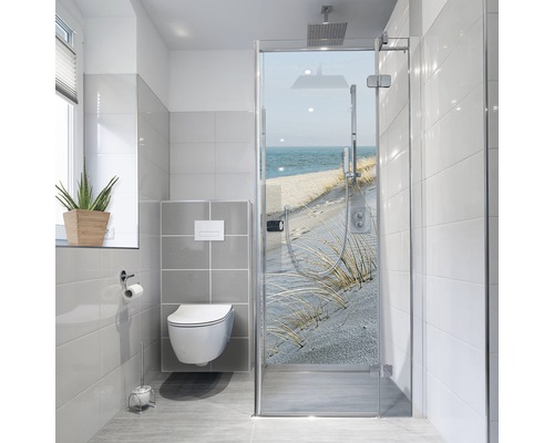 MYSPOTTI Douche achterwand 210x90 cm Fresh Sea Coast Badkamer met inloopdouche, toilet en raam