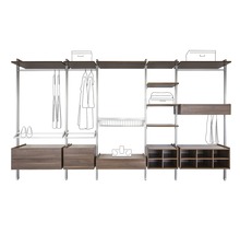 Configureerbaar kastsysteem met planken, laden en kledingroedes