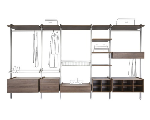 Configureerbaar kastsysteem met planken, laden en kledingroedes