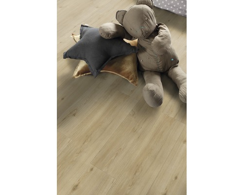 Lichte houten vloer met knuffel en kussens