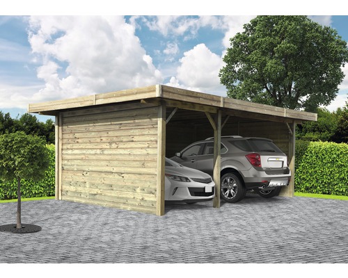 Houten dubbele carport met twee auto''s