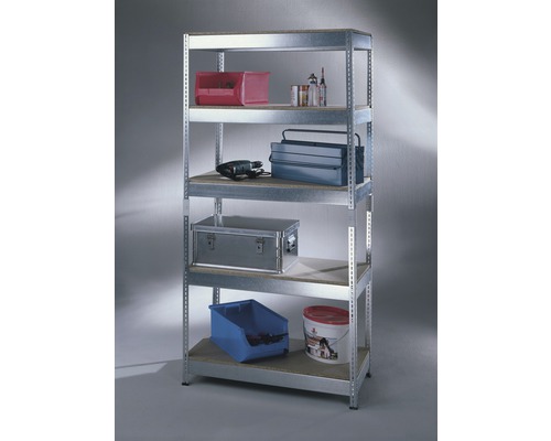 Metalen rek met vijf planken en diverse objecten