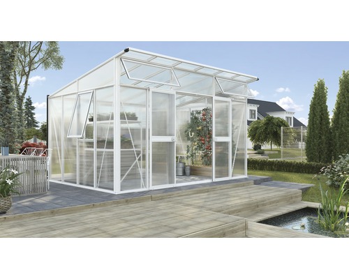 VITAVIA Tuinkas Aphrodite 11500 polycarbonaat 10 mm wit, 295x393x242 cm Tuinkas met open ramen op terras in tuinlandschap