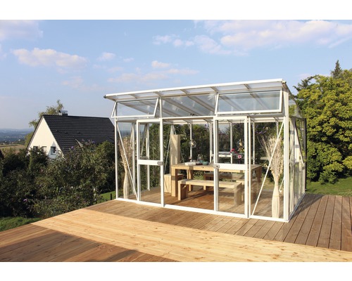 VITAVIA Tuinkas Aphrodite 11500 glas/polycarbonaat 10 mm wit, 295x393x242 cm Tuinkas met eettafel op houten terras