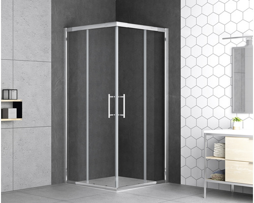 Hoekdouche met heldere glazen deuren en zilverkleurige frames in de badkamer.