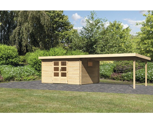 Tuinhuis met aanbouw op verharde ondergrond voor bomen