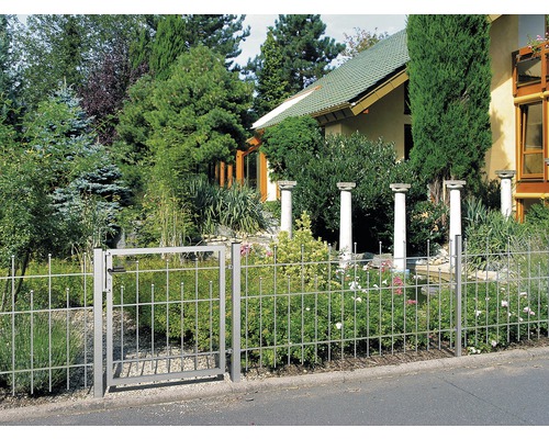 Scene met een grijs metalen hek en tuinpoort voor een huis met tuin