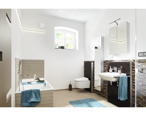 Lichte badkamer met ligbad, toilet, wastafel en spiegelkast