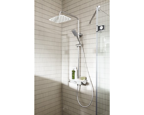 Douchesysteem met hoofd- en handdouche in een badkamer
