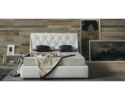 Bed met gecapitonneerd hoofdeinde, nachtkastje en schilderijen in de slaapkamer