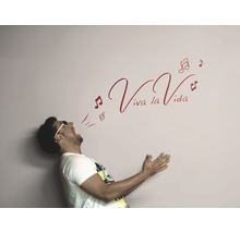 Man zingt voor een muur met het opschrift Viva la Vida en noten, muursticker