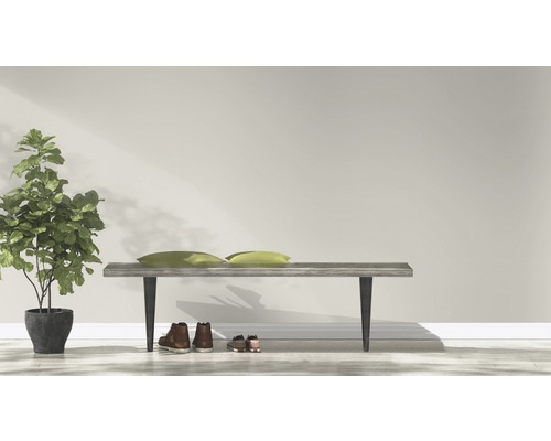 Lichte scène met bank, kussens, schoenen en kamerplant