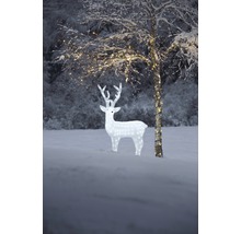 Verlichte decoratie met rendierfiguur en boom in besneeuwde buitenruimte