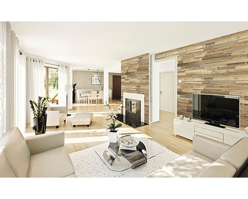 Lichte woonkamer met houten wandpanelen, bank en televisie