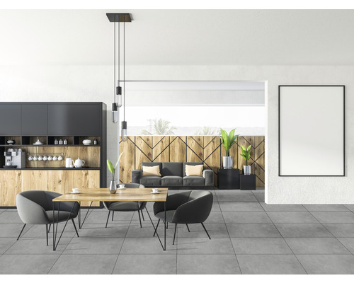 Woonkamer met kitchenette, eettafel en zitplaatsen in modern design