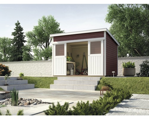 Tuinhuis met open deuren in de tuin