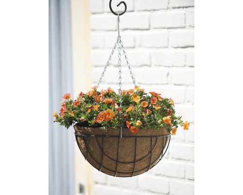 Hangmand met bloemen in een draadmand