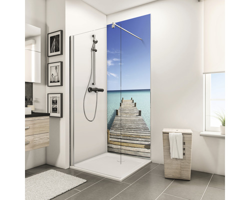 SCHULTE Douche achterwand 90x210 cm Malediven Badkamer met douchecabine, douchebak, wastafel, spiegel, wasmand en grijze tegelvloer.