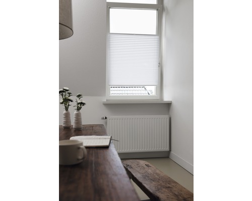 Woonkamer met tafel, bank en plisségordijn voor privacy en zonwering