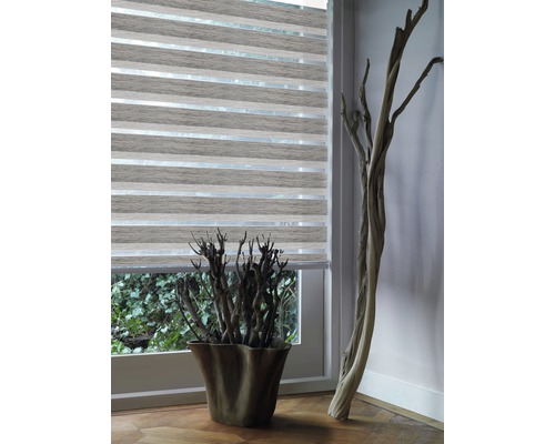 Raamdecoratie met modern duo rolgordijn en decoratieve houten elementen voor een stijlvolle kamerinrichting