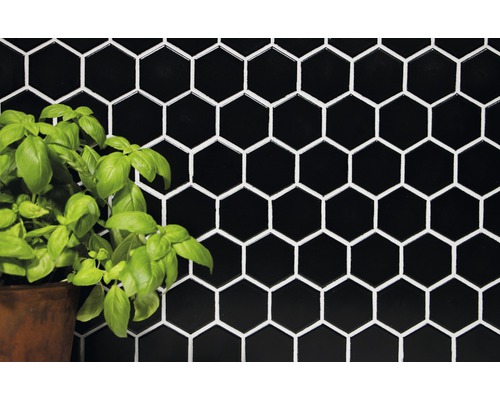 Zwarte zeshoekige tegels als wandbekleding met basilicumplant