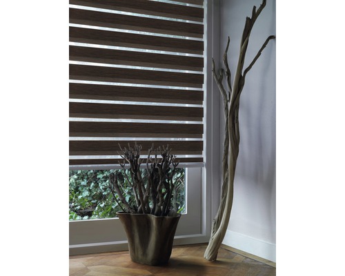 Interieurbeeld met raam en bruin gestreept duo rolgordijn, dat zorgt voor lichtregulering en privacy