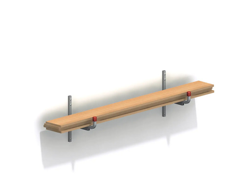 Houten plank met metalen beugel aan een wand