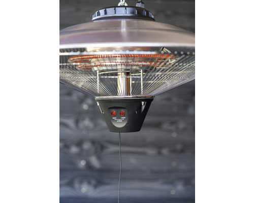 Hangende terrasverwarmer met verwarmingsspiralen en bedieningselementen.