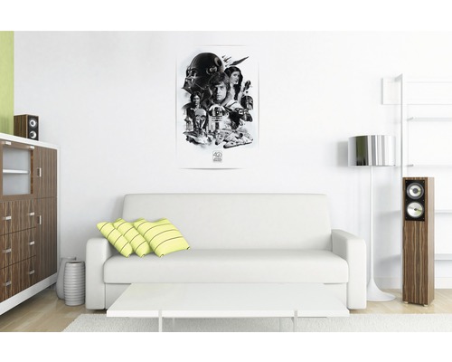 Woonkamer met Star Wars poster aan de muur, bank, kast en luidsprekers
