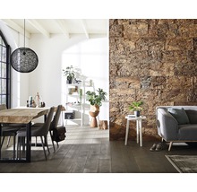 Woonkamer met eettafel, stoelen, rek, decoratie, lamp en wandbekleding met steenlook