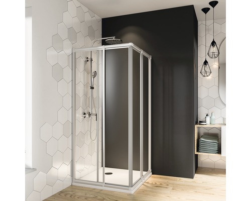 BREUER Douchecabine hoekinstap Fara4 Express Q72 zilver 80 - 90 cm helder glas Hoekdouche met schuifdeur in een badkamer met zeshoekige tegels