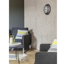 Woonkamer met twee grijze fauteuils, kussens, klok en bijzettafel
