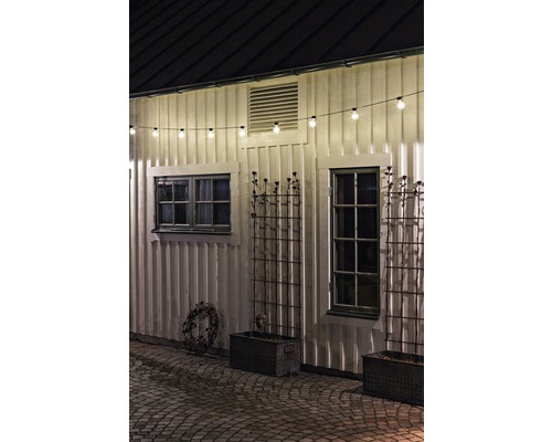 Buitenfoto van een gebouw met ramen, klimroosters, plantenbakken en een lichtsnoer