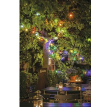 Verlichte tuin met tafels, stoelen en lantaarns onder een boom met lichtslingers.