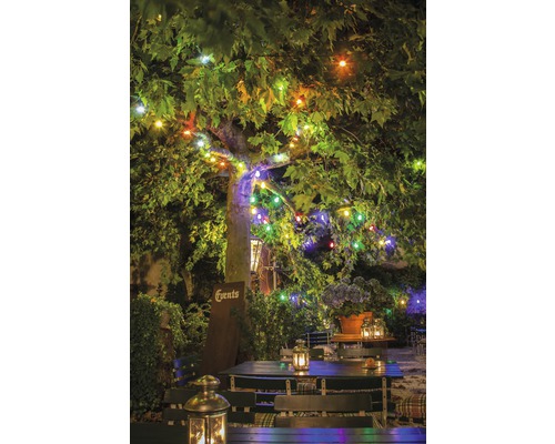 Verlichte tuin met tafels, stoelen en lantaarns onder een boom met lichtslingers.