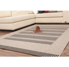 Beige vloerkleed met zwarte strepen en ornamenten in de woonkamer.