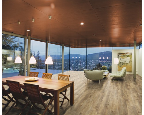 Lichte ruimte met eettafel, zithoek en grote raampartijen