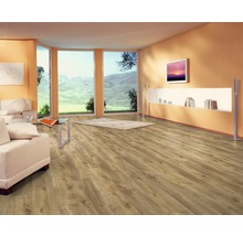 Woonkamer met laminaatvloer, bank en raampartij