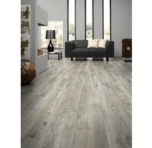 Lichte ruimte met laminaatvloer in houtlook, bank en decoratie