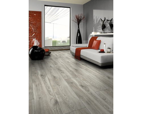 Lichte woonkamer met laminaatvloer in houtlook, bank, raam en decoratie