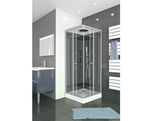 Moderne badkamer met hoekdouche, wastafel en handdoekradiator