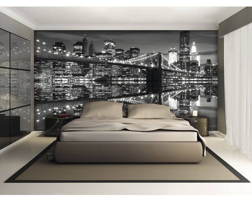 Slaapkamer met fotobehang van een skyline van New York