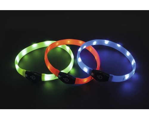 Drie LED halsbanden voor honden in groen, oranje en blauw