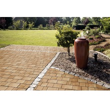 Tuin met bestrating, fontein en gazon