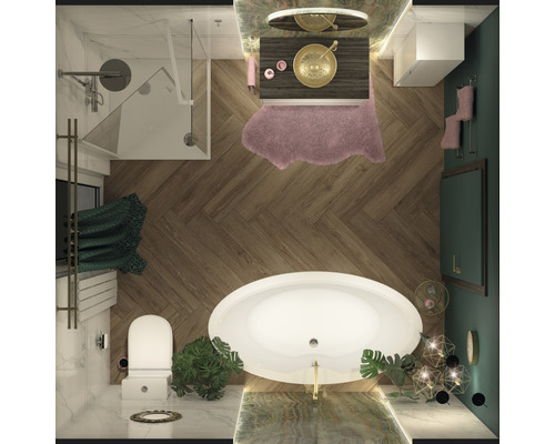 Bovenaanzicht van een badkamer met ligbad, douche, wastafel en toilet