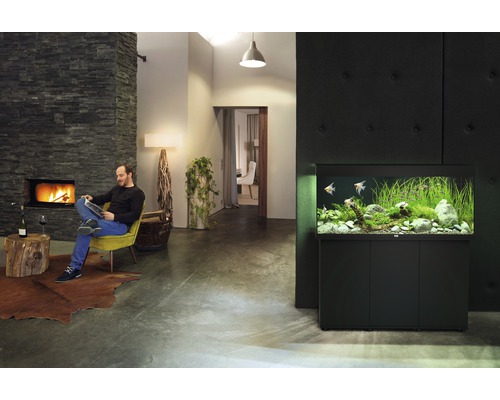Woonkamer met aquarium, open haard en lezende man