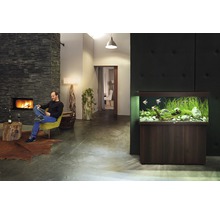Woonkamer met aquarium, open haard en lezende man in fauteuil